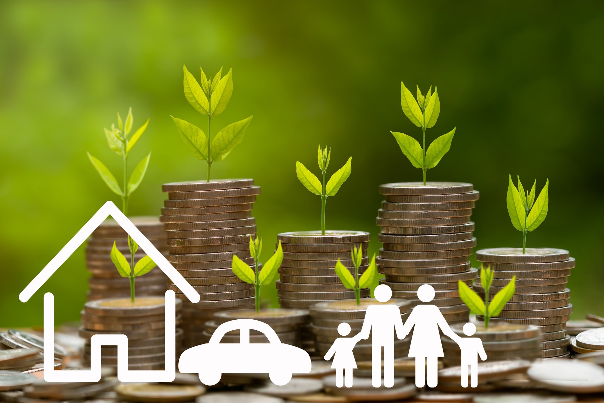 plant on coin stack growing and Family icon over green bokeh background,investment and Save Money concept.Strategy concept.Business Finance, Earning, benefits, Capital,  Save Money